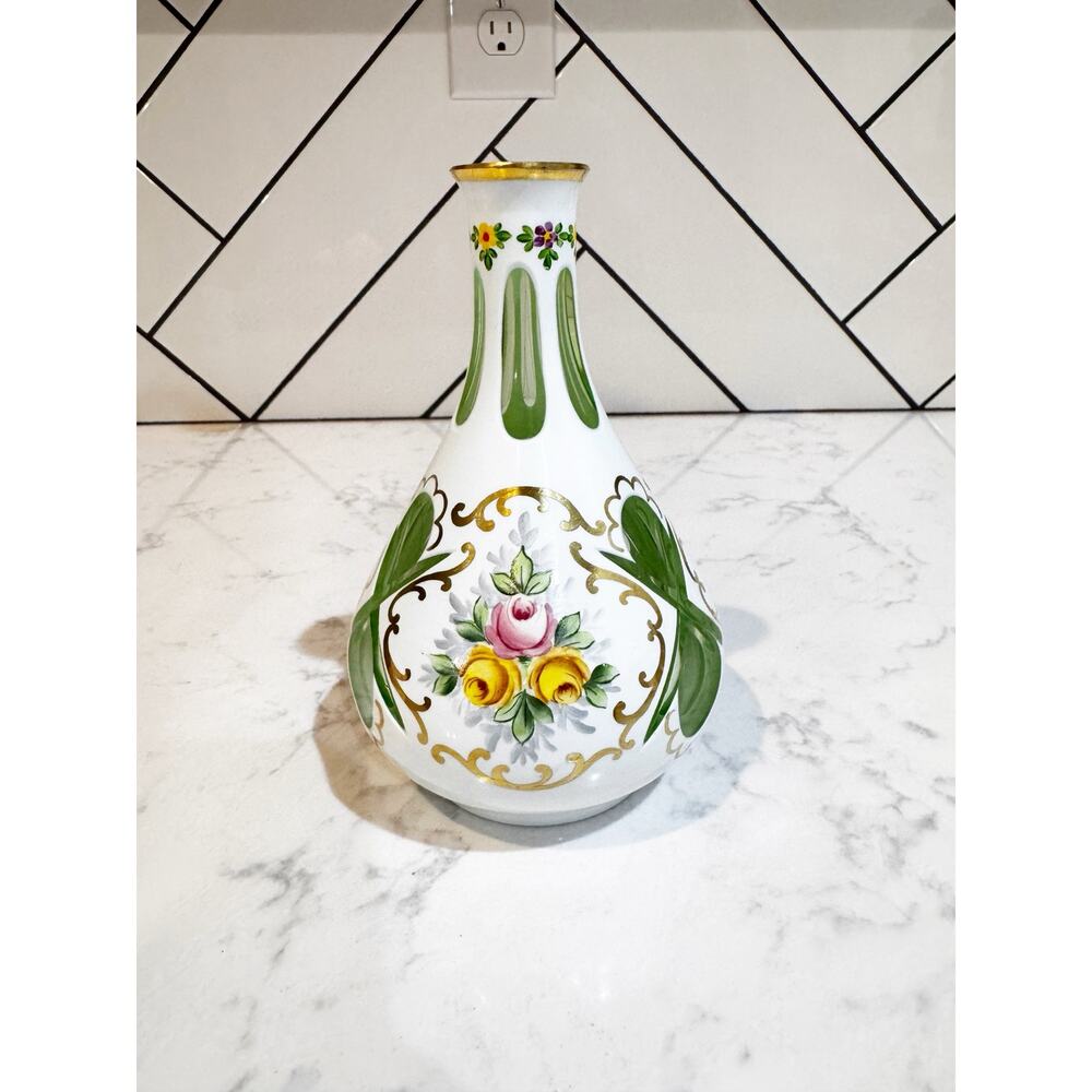 Cased glass vase white glass green panels hand-painted enamel florals antique